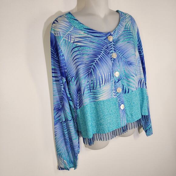 Vintage Paradiso Shirt Tropical Print Fringe Hem Button Front Coastal Medium - Picture 4 of 9